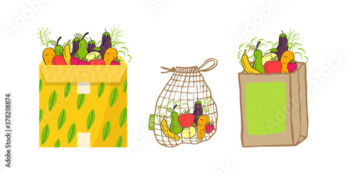 Hand drawn Zero waste concept set. No plastic elements of eco life: reusable paper, bamboo, fabric cotton bags. Vector go green, bio logo or sign. Organic design template