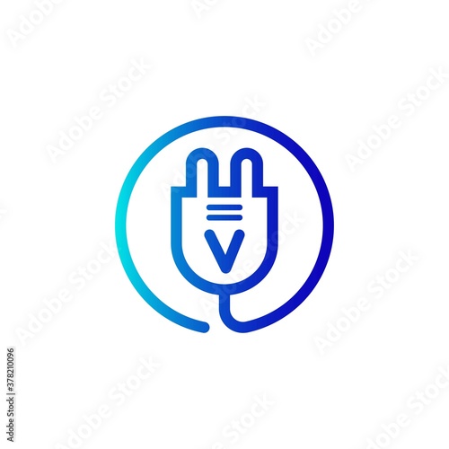 electric plug icon v letter logo with gradient. Blue and sky gradient simple vector line art electric plug logo in a round frame
