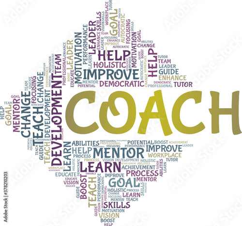 Coach vector illustration word cloud isolated on a white background.
