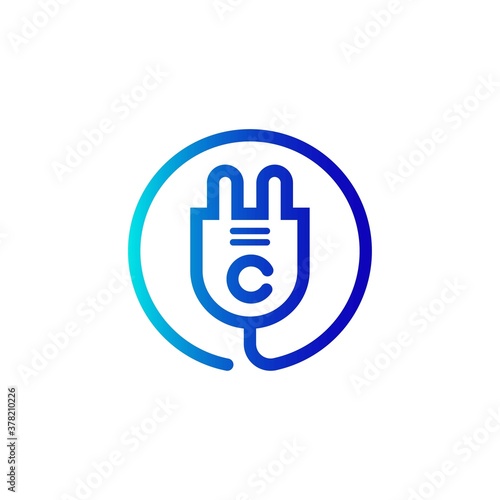 electric plug icon c letter logo with gradient. Blue and sky gradient simple vector line art electric plug logo in a round frame
