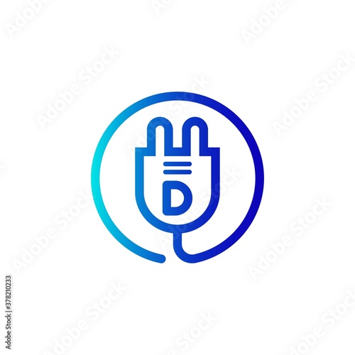 electric plug icon d letter logo with gradient. Blue and sky gradient simple vector line art electric plug logo in a round frame