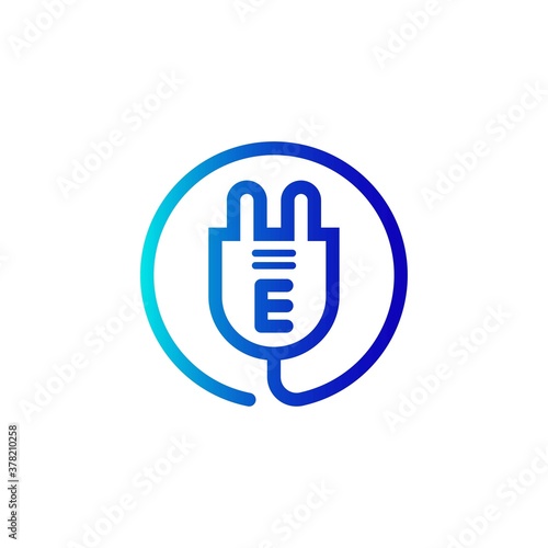 electric plug icon e letter logo with gradient. Blue and sky gradient simple vector line art electric plug logo in a round frame