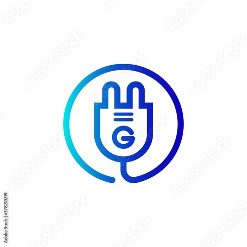 electric plug icon g letter logo with gradient. Blue and sky gradient simple vector line art electric plug logo in a round frame