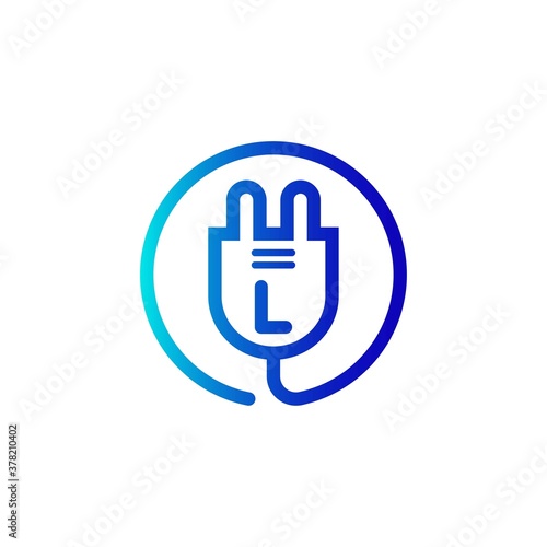 electric plug icon l letter logo with gradient. Blue and sky gradient simple vector line art electric plug logo in a round frame