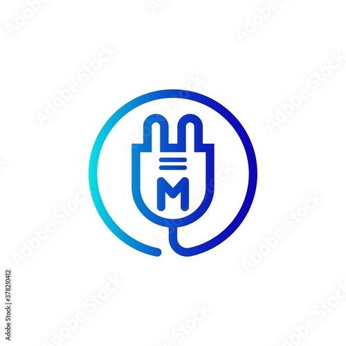 electric plug icon m letter logo with gradient. Blue and sky gradient simple vector line art electric plug logo in a round frame