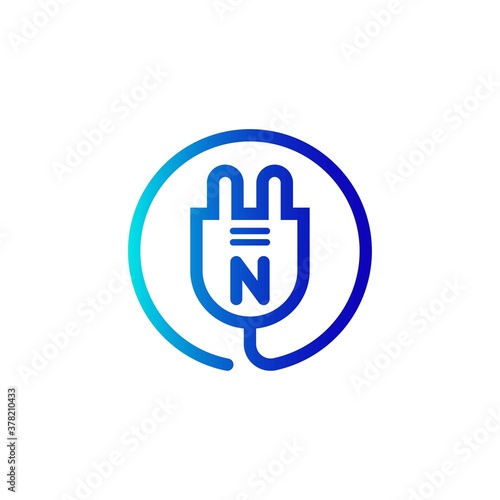 electric plug icon n letter logo with gradient. Blue and sky gradient simple vector line art electric plug logo in a round frame