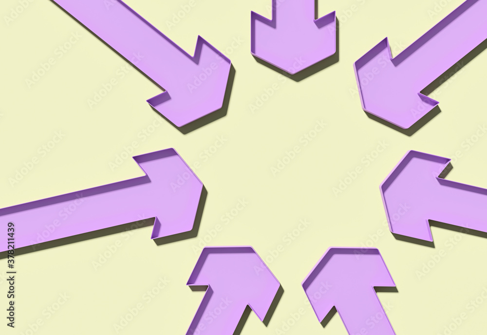 Many light purple arrows pointing towards the center on yellow background; focus point; point of interest; symbol of goal and objective; close up, perspective view; 3d rendering, 3d illustration Many light purple arrows pointing towards the center on yellow background; focus point; point of interest; symbol of goal and objective; close up, perspective view; 3d rendering, 3d illustration