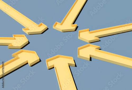 Many yellow arrows pointing towards the center on blue gray background; focus point; point of interest; close up, perspective view, copy space; 3d rendering, 3d illustration