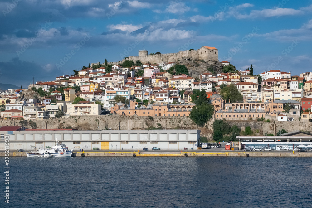 Fortress of Kavala under a blue and white sky