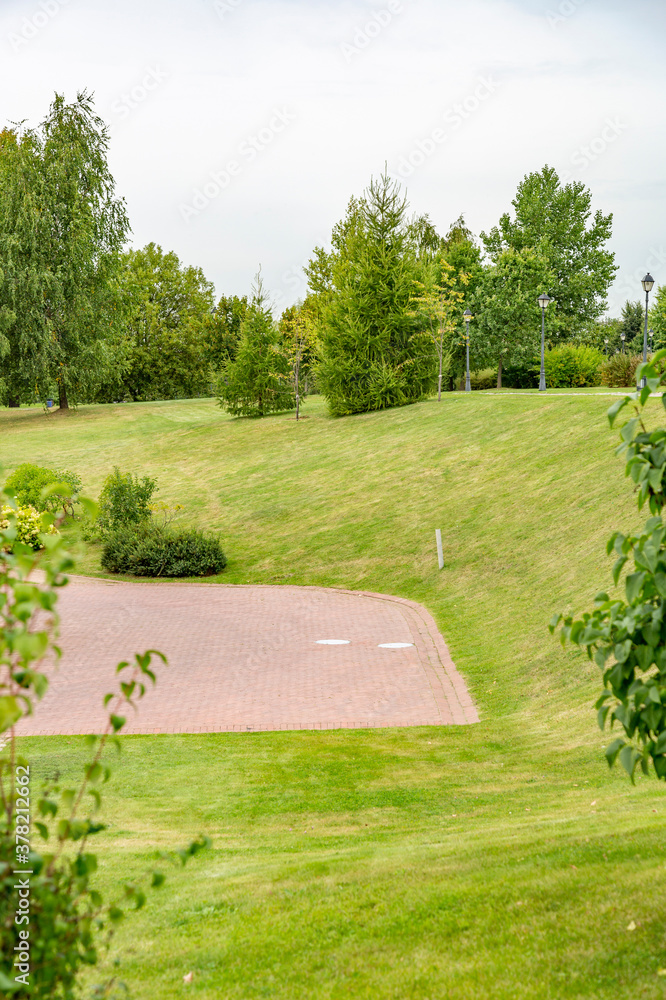 Green grass in the recreation area of the city summer park