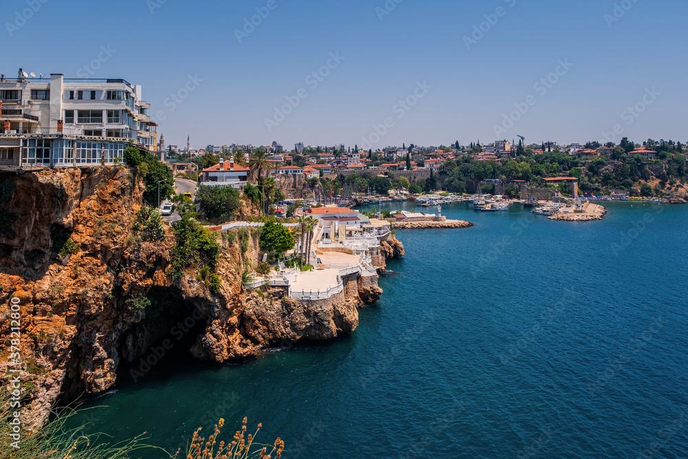 Old harbor in Kaleici, Antalya, Turkey - travel background. August 2020.