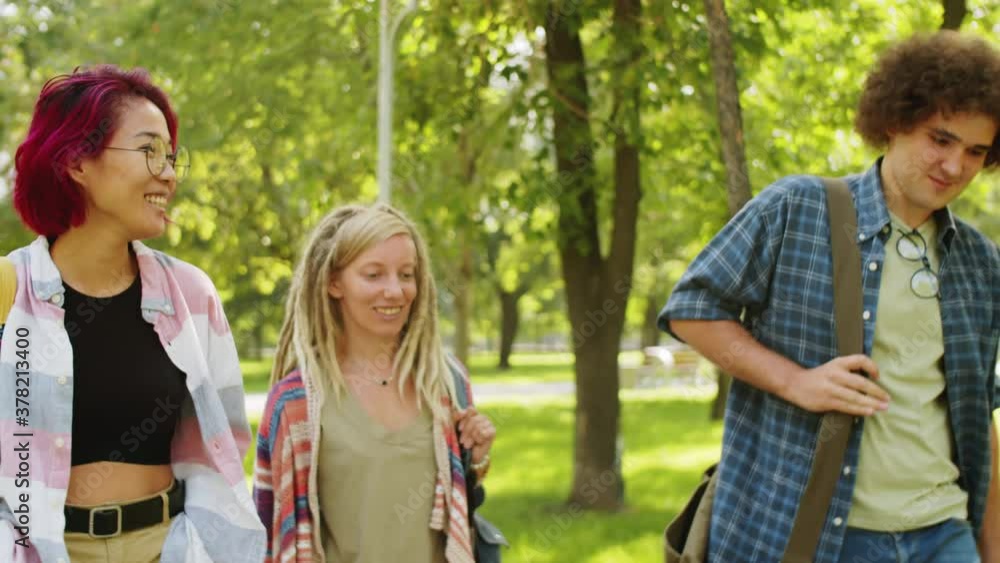 Two young multiethnic female students and their male friend chatting about something while walking together through park on summer day Two young multiethnic female students and their male friend chatting about something while walking together through park on summer day