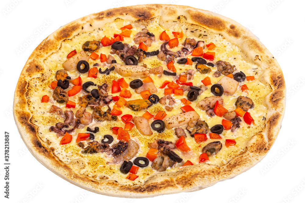 Pizza isolated on a white background: cheese, mozzarella, seafood, squid, mussels, shrimp, olives, tomatoes, sauce