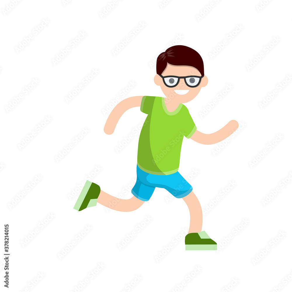 Young man in Shorts and green t-shirt. Running and sports. Movement and walking. Cartoon flat illustration. Active lifestyle Young man in Shorts and green t-shirt. Running and sports. Movement and walking. Cartoon flat illustration. Active lifestyle