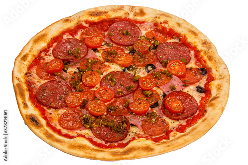 Pizza isolated on a white background: cheese, mozzarella, salami, chorizo, capers, olives, Basil