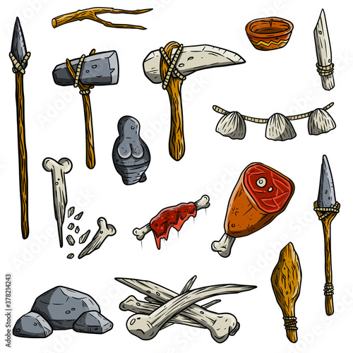 Set of items of primitive man and hunter. Weapons of caveman. Stone age hammer, axe and club, spear and animal bone. Lifestyle and tool. Cartoon illustration