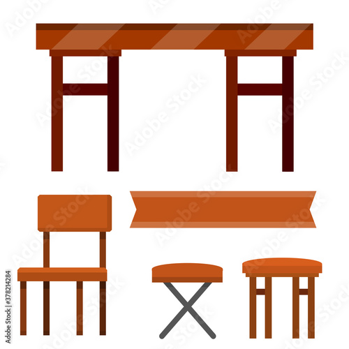 Table and set of chairs. Kitchen furniture and tablecloths. Element of cafe and restaurant. Brown wooden ribbon for text. Cartoon flat illustration