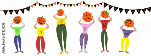 Halloween. Postcard. There are people without heads, holding a pumpkin head in their hands, the T-shirt says - Boo. Drawing isolated on white background. Stock vector illustration.