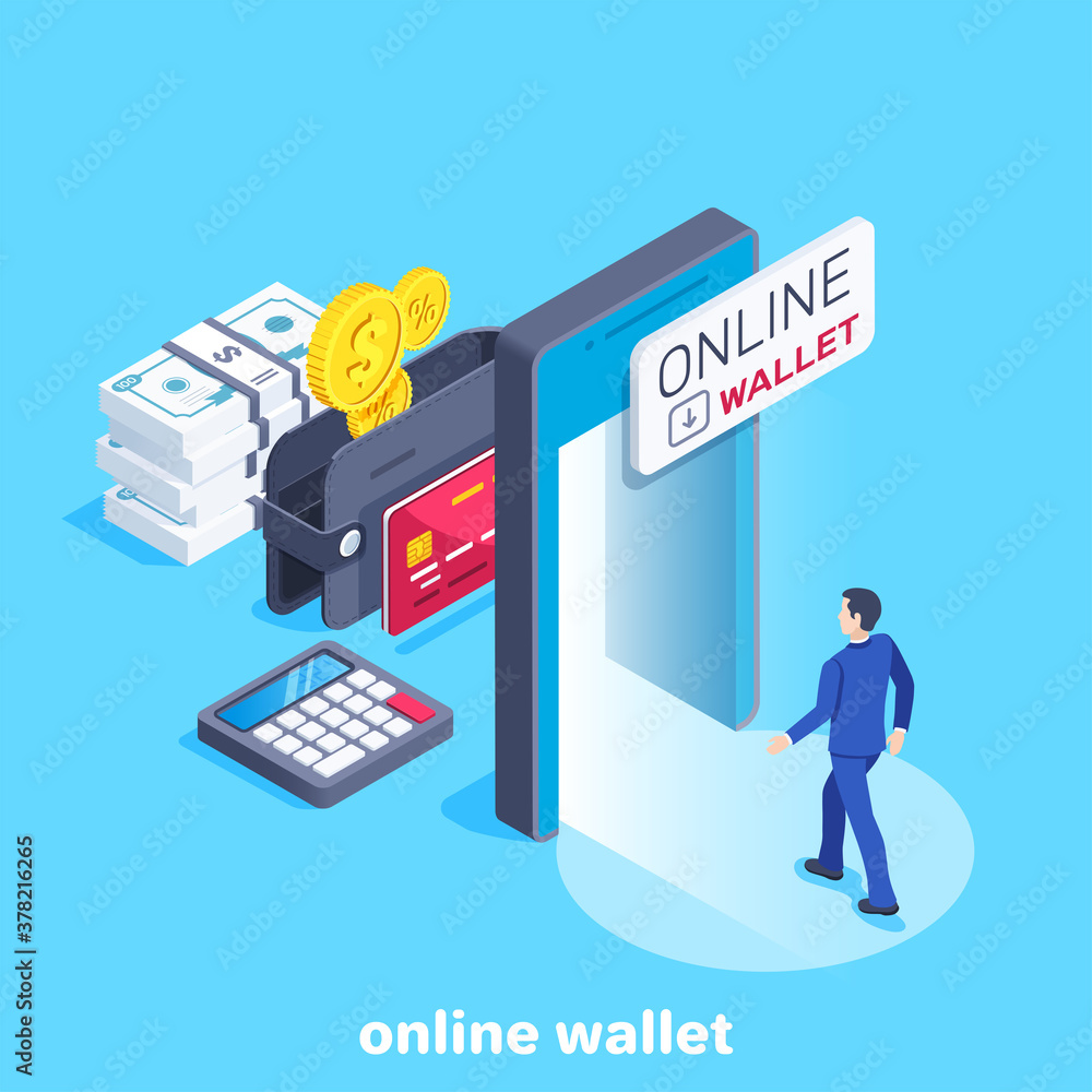 isometric vector image on a blue background, a man in a business suit goes through the portal in the smartphone screen to an online wallet isometric vector image on a blue background, a man in a business suit goes through the portal in the smartphone screen to an online wallet