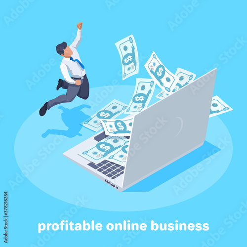 isometric vector image on a blue background, a man in business clothes rejoices at a large amount of money flying out from the laptop screen, profitable online business