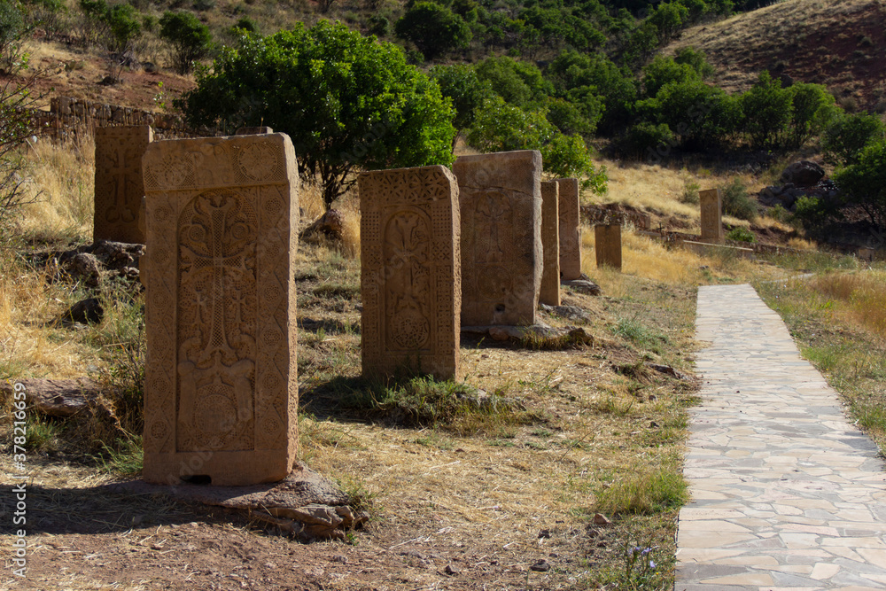Many of Surviving Ancient Khachkars or Armenian Cross-stones Inside Noravank Monastery, Vayots Dzor Province, Historical Place in Armenia Many of Surviving Ancient Khachkars or Armenian Cross-stones Inside Noravank Monastery, Vayots Dzor Province, Historical Place in Armenia