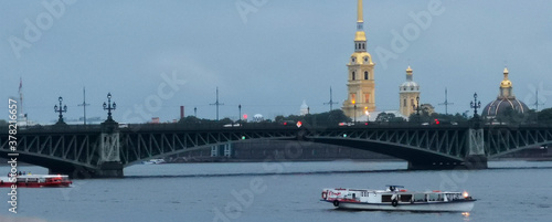 Photography Beautiful view of the river, floating boats, a bridge.