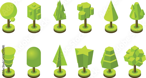 Set of trees in isometric green color icon.