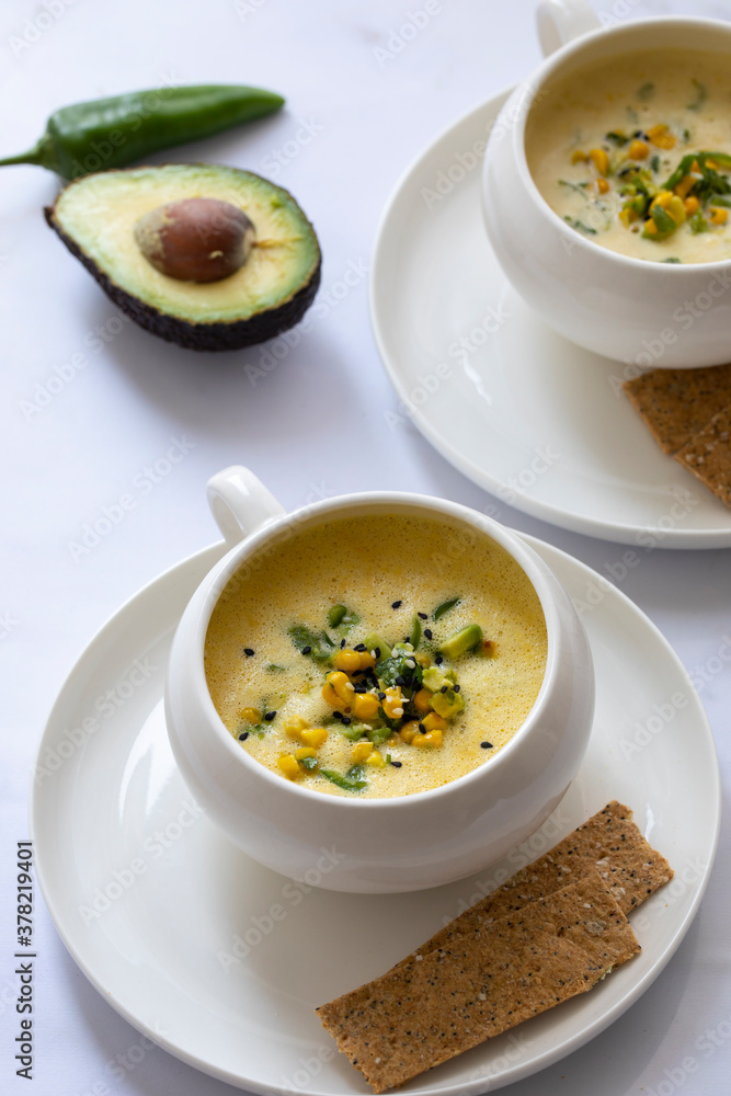 Chilled sweetcorn soup with avocado and coriander salsa Chilled sweetcorn soup with avocado and coriander salsa