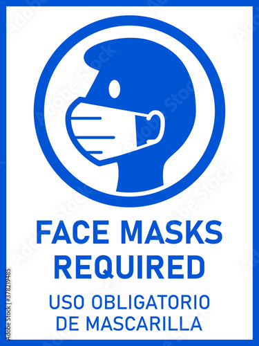 Vertical Bilingual Warning Sign in English and Spanish with Phrases "Face Masks Required" and "Uso Obligatorio de Mascarilla" and an Aspect Ratio of 3:4. Vector Image.