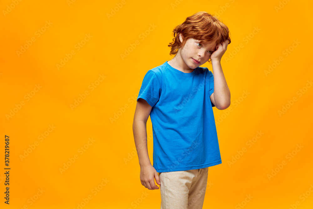 Red-haired boy holding his head blue t-shirt to emotions cropped view Red-haired boy holding his head blue t-shirt to emotions cropped view