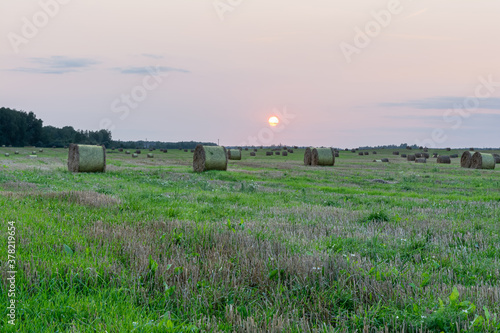 Nature background. Bales of straw on the autumn meadow during wonderful sunset light