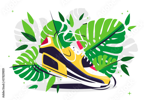 Vector illustration of a sports sneaker with green tropical leaves in the background, sports theme