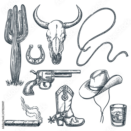 Wild West vintage symbols. Vector hand drawn sketch illustration. Cowboy hat. boots, cow skull. gun icons