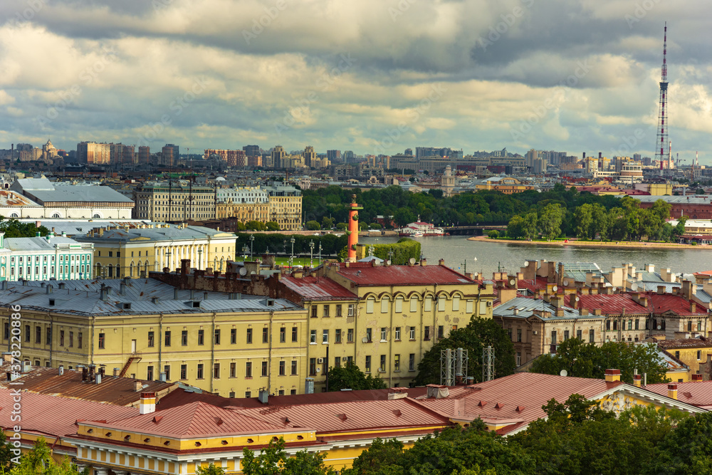 View of the Admiralty building and the Kunstkamera Museum on Vasilievsky Island from the colonnade of St. Isaac's Cathedral in St. Petersburg, Russia
