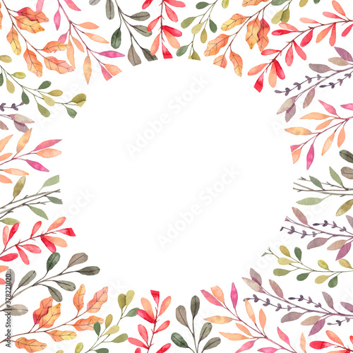 Hand drawn watercolor vector illustration. Background with Fall leaves. Forest design elements. Hello Autumn! Perfect for wedding invitations, greeting cards, blogs, prints and more