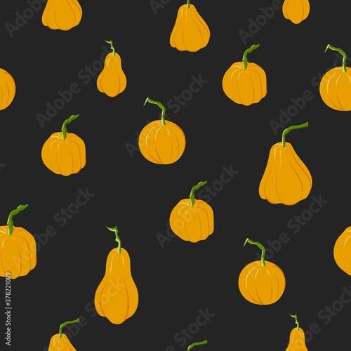 Vector seamless editable texture on a  black background orange pumpkins of various types and shapes. Suitable for decoration on the theme of autumn or Halloween.