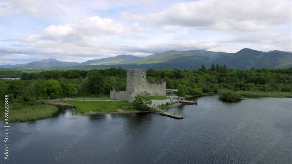 Panning aerial, castle ruins in Ireland countryside Panning aerial, castle ruins in Ireland countryside