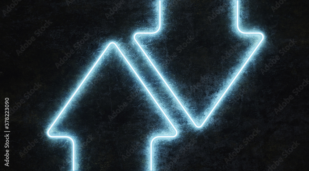 two neon arrow shaped line on black concrete background