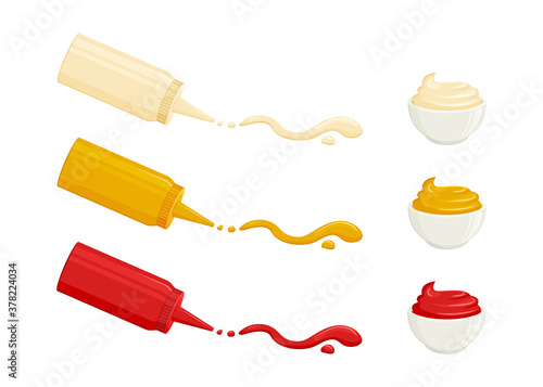 Sauces vector icons. Mayonnaise, mustard, tomato ketchup. Sauces in bottles and bowls. Various hot spice spilled strips, drops and spots. Food illustration