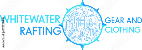 Vector outdoor gear label. Corporate identity template with white water raftinf line icons logo.	
