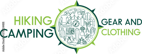 Vector outdoor gear label. Corporate identity template with hiking and camping line icons logo