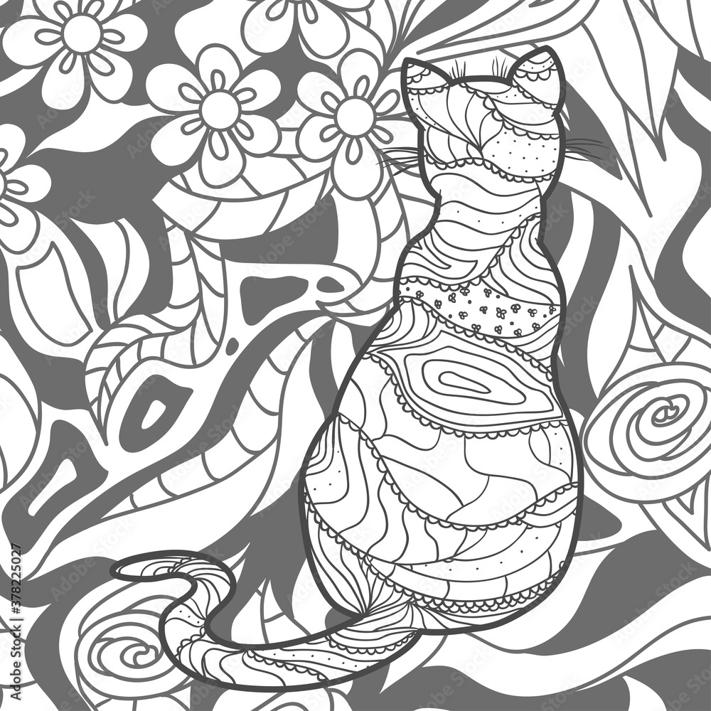 Cat on abstract square shape. Hand drawn abstract pattern. Black and white illustration for colouring Cat on abstract square shape. Hand drawn abstract pattern. Black and white illustration for colouring