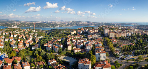 High angle aerial panoramic view of houses in Etiler region of Besiktas district and Bosphorus on the background, Istanbul, Turkey on September 5, 2020.