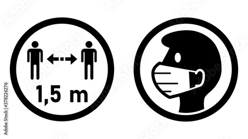 Set of Round Measure Sticker Icons against the Spread of Coronavirus Covid-19, including Keep Your Distance 1,5 m or 1,5 Meters and Wear a Face Mask or Face Covering. Vector Image.