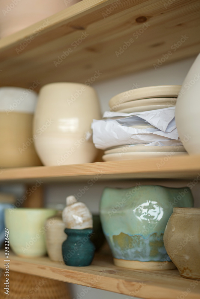 Handmade clay pottery on the display