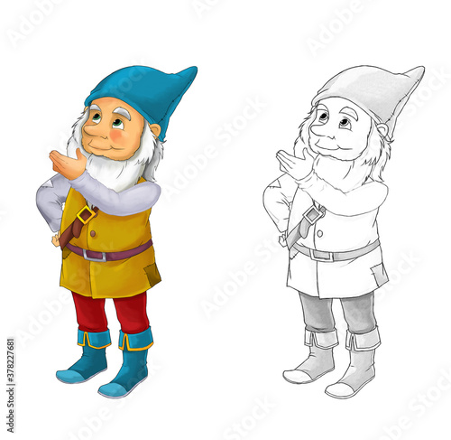 Cartoon dwarf with sketch on white background illustration © honeyflavour