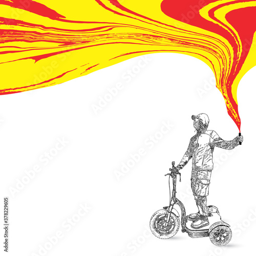 Protester participates in civil uprising wearing military clothes, mask and glasses. Black man on electric scooter holding fire or smoke bomb with red smoke.  Black lives matter rally protest. Vector.