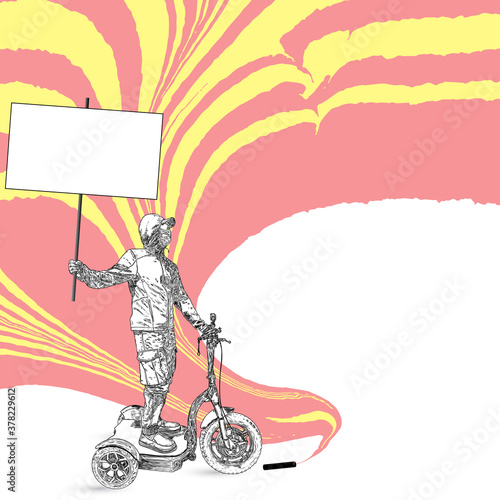 Protester with scooter and banner for black lives matter riot, fighting to stop violence to black people. Demand for human rights for people of color. Participation in political and social justice.