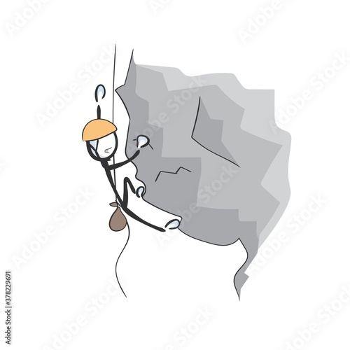 Climbing mountain extreme sport. Vector simple rocks climber. Stickman no face clipart cartoon. Hand drawn. Doodle sketch, graphic illustration
