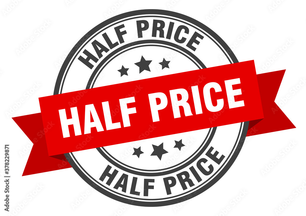 Fototapeta premium half price label sign. round stamp. band. ribbon